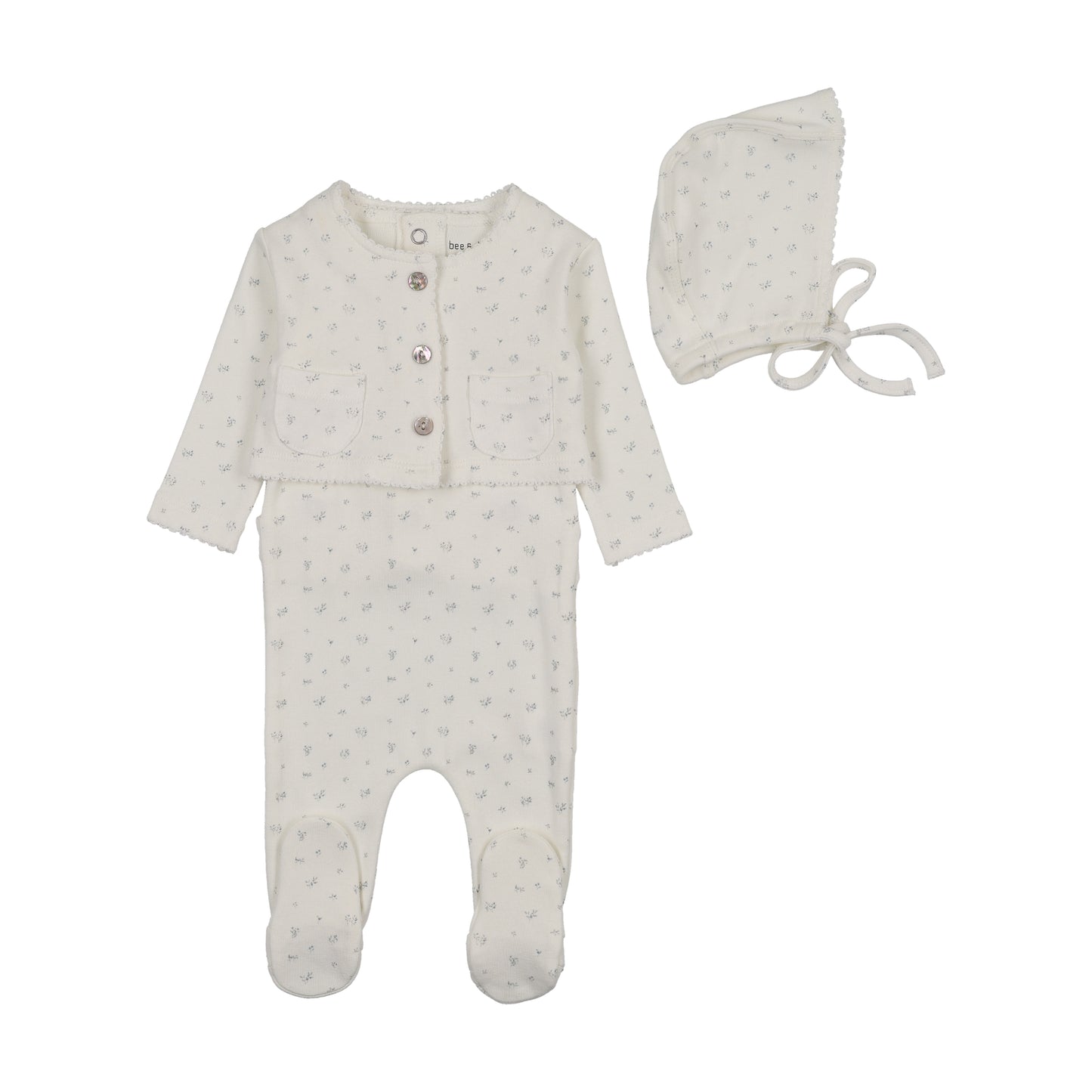 Bee & Dee Floral Print Cardigan Footie Set- Chalk White Boys