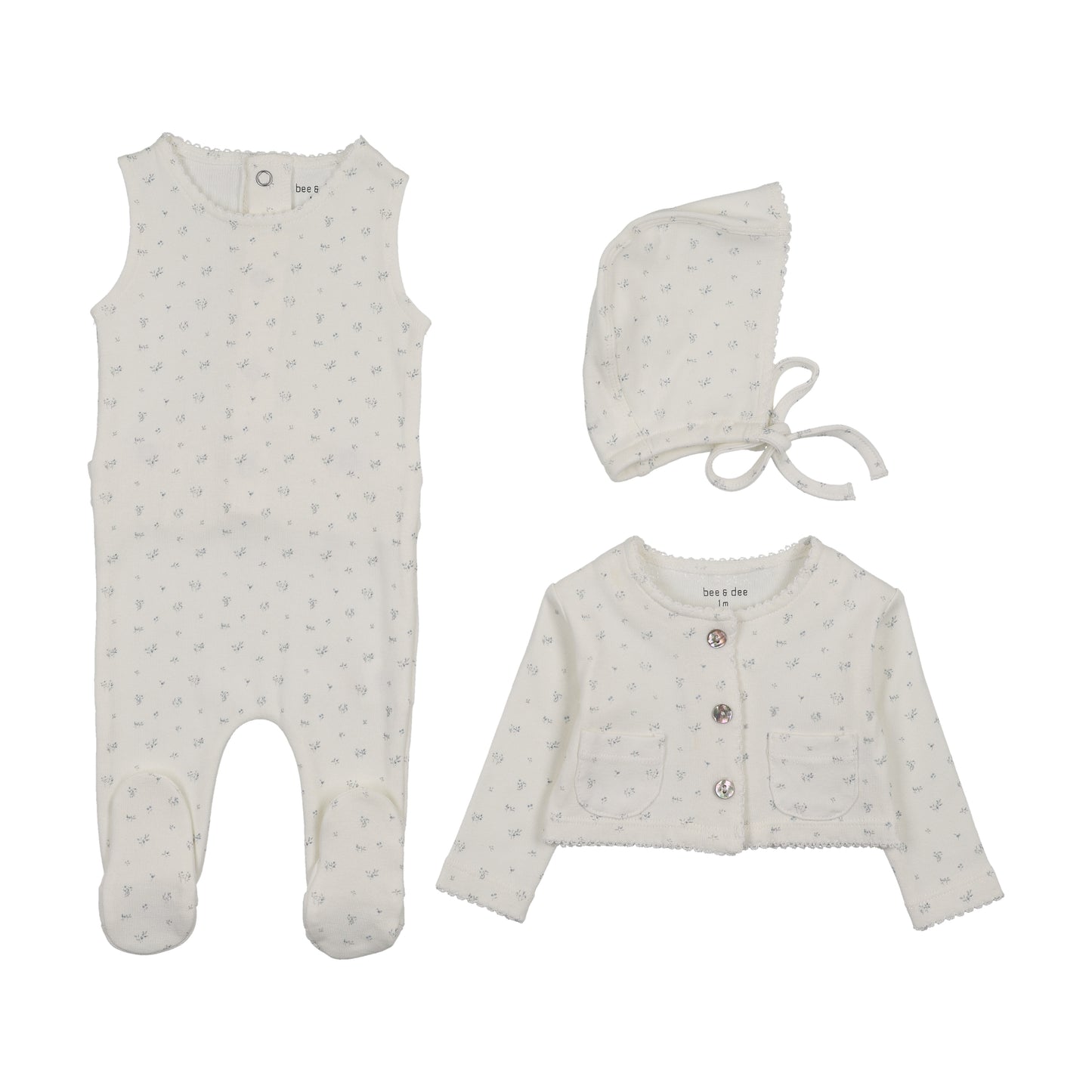 Bee & Dee Floral Print Cardigan Footie Set- Chalk White Boys