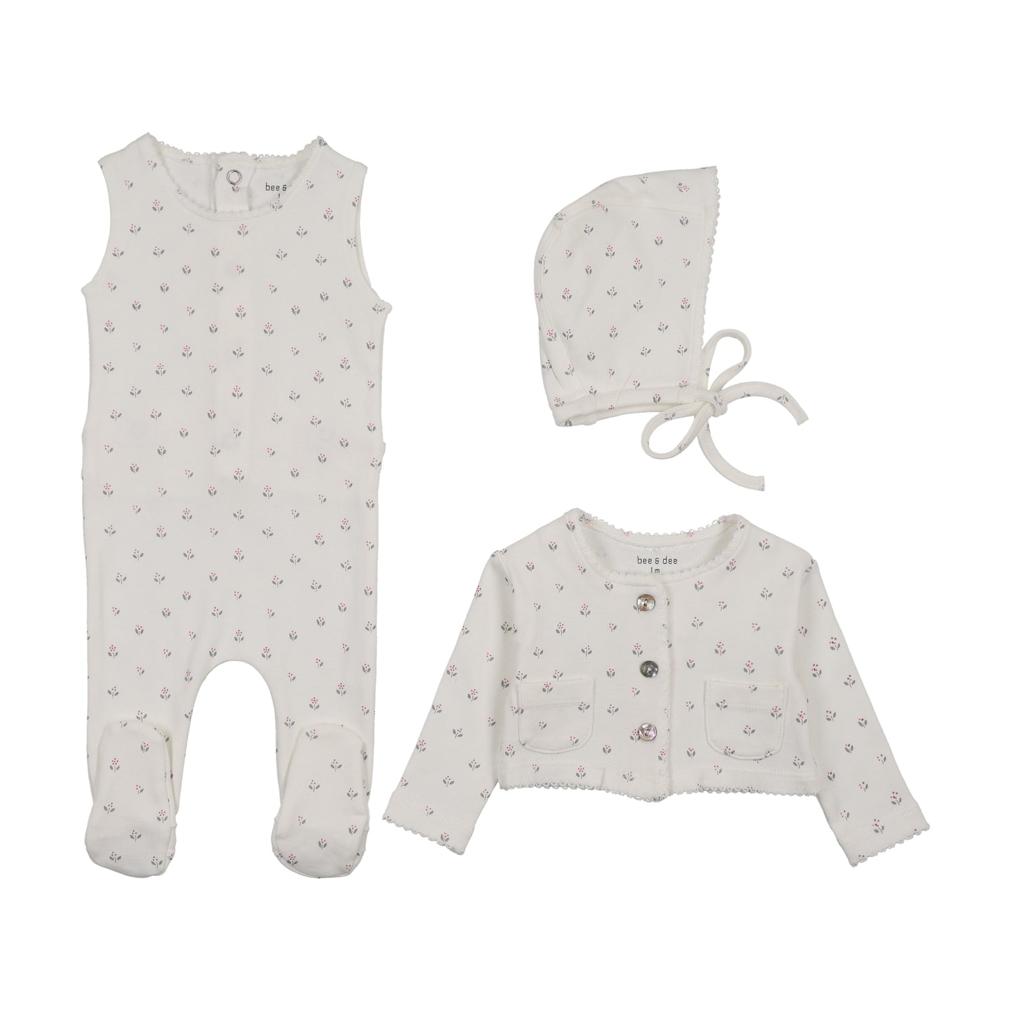 Bee & Dee Floral Print Cardigan Footie Set- Chalk White Girls