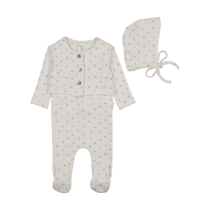 Bee & Dee Floral Print Cardigan Footie Set- Chalk White Girls