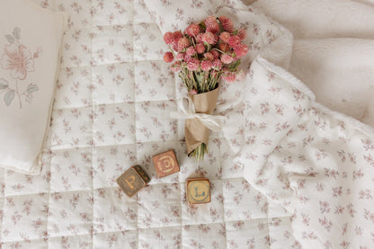 Peluche Blossom Quilted Blanket / Crochet Trim + Square Pillow - Powder - Rose