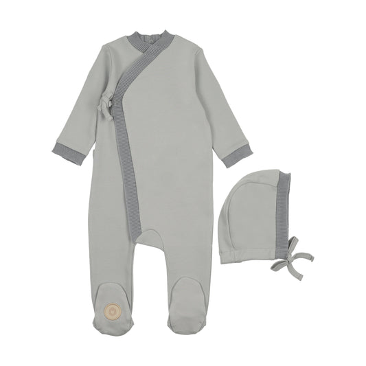 Mon Tresor Knit Trim Wrap Footie & Hat Set- Pale Blue