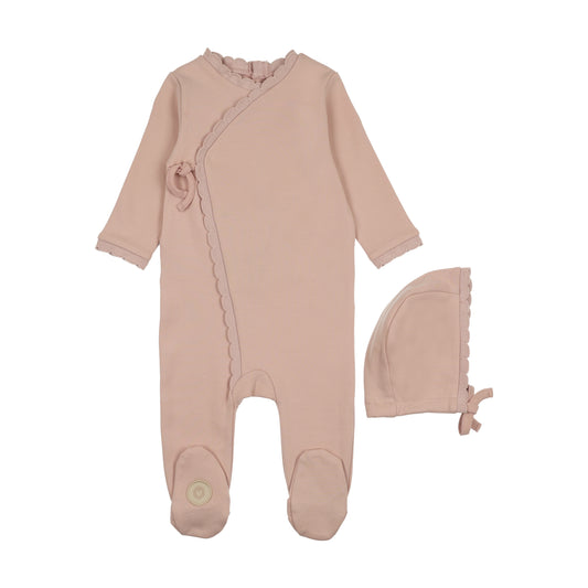 Mon Tresor Mon Tresor Knit Trim Wrap Footie & Hat Set- Pink Whip