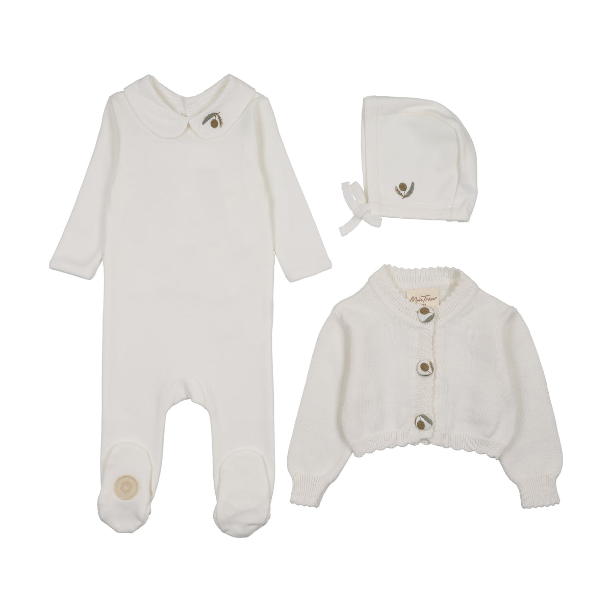 Mon Tresor Layered Keepsake Boys Footie, Cardigan, and Hat Set