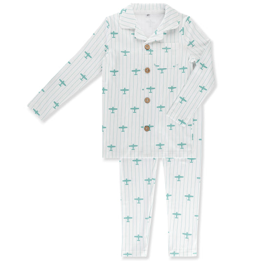 Little Label Blue Airplane Print Grandpa Pajama
