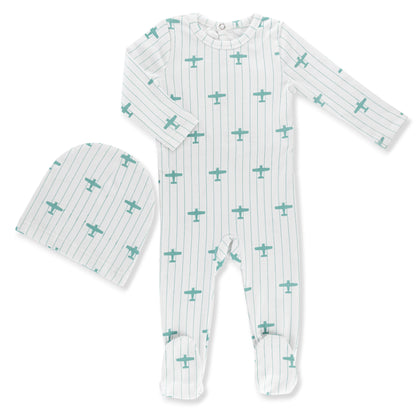 Little Label Blue Airplane Print Footie Set