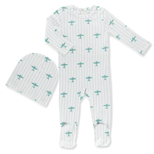 Little Label Blue Airplane Print Footie Set