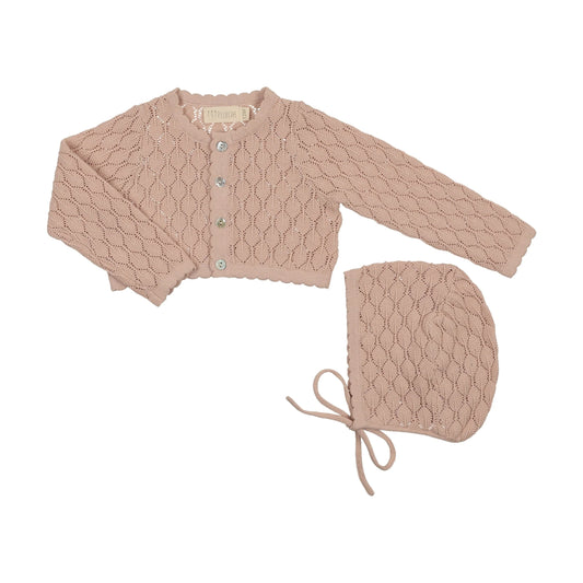 Peluche Knit Pointelle Cropped Cardigan + Bonnet Set - Rose