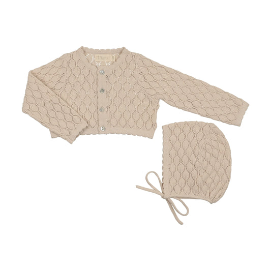 Peluche Knit Pointelle Cropped Cardigan + Bonnet Set - Stone