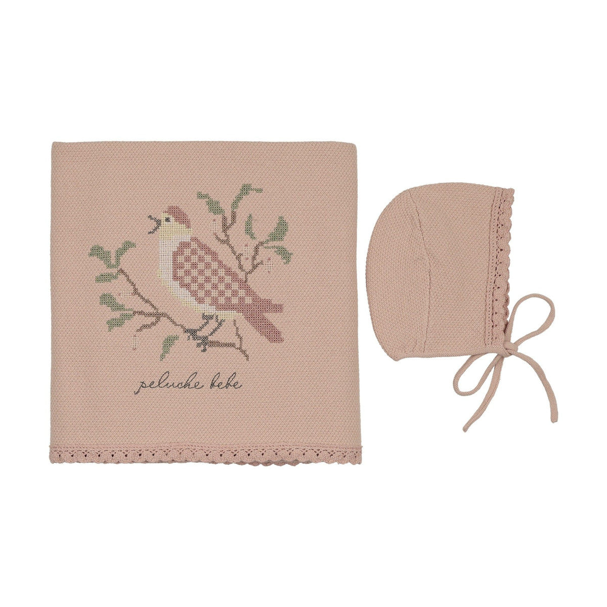 Peluche Knit Cross Stitch Blanket and Bonnet - Rose