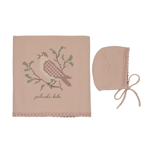 Peluche Knit Cross Stitch Blanket and Bonnet - Rose