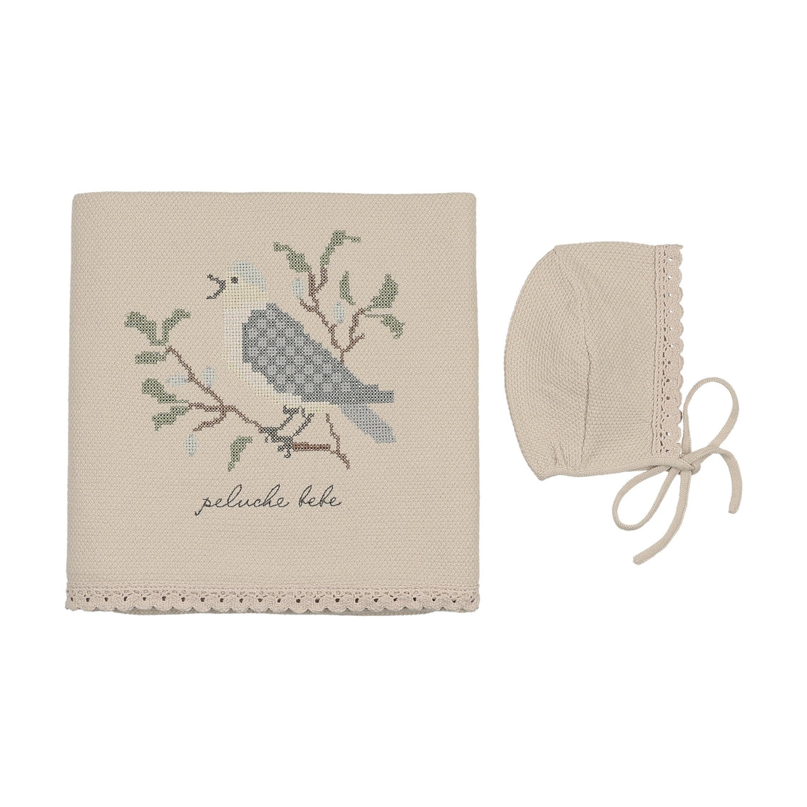 Peluche Knit Cross Stitch Blanket and Bonnet - Stone Blue