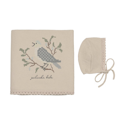 Peluche Knit Cross Stitch Blanket and Bonnet - Stone Blue