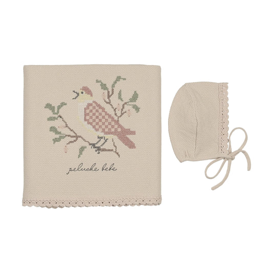 Peluche Knit Cross Stitch Blanket and Bonnet - Stone Rose