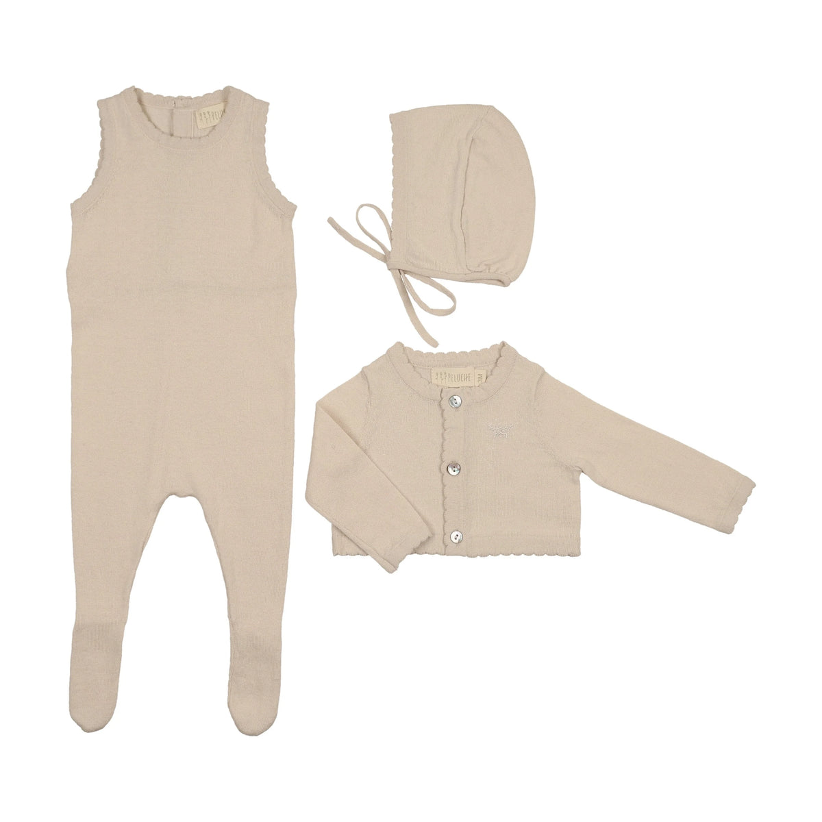 Peluche Knit Jumpsuit + Cropped Cardigan + Bonnet Set - Stone - Stone
