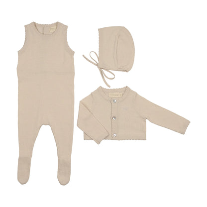 Peluche Knit Jumpsuit + Cropped Cardigan + Bonnet Set - Stone - Stone