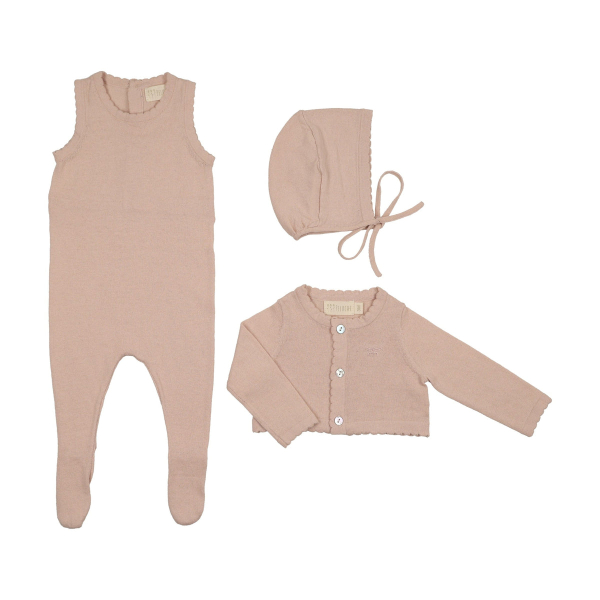 Peluche Knit Jumpsuit + Cropped Cardigan + Bonnet Set - Stone - Rose