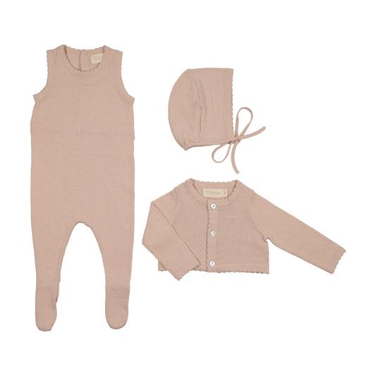 Peluche Knit Jumpsuit + Cropped Cardigan + Bonnet Set - Stone - Rose