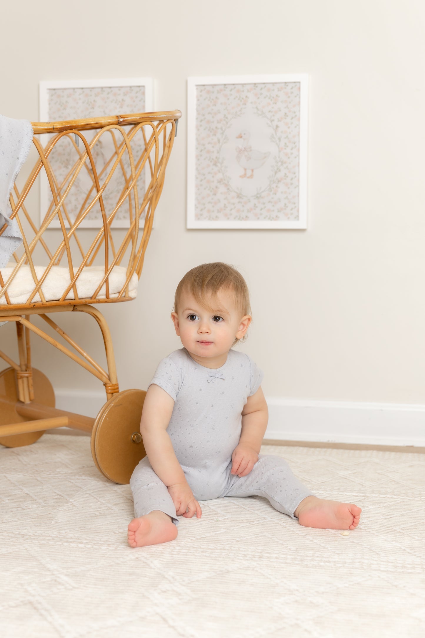 Bee & Dee Pointelle with Flowers Romper-Dusty Blue