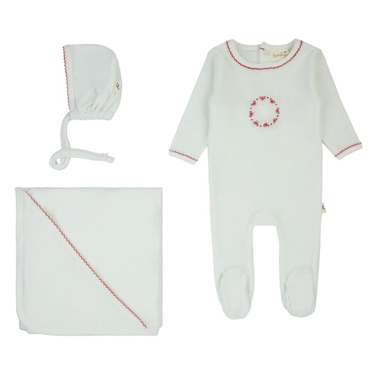 Bondoux Bow Velour Layette Set -White & Red