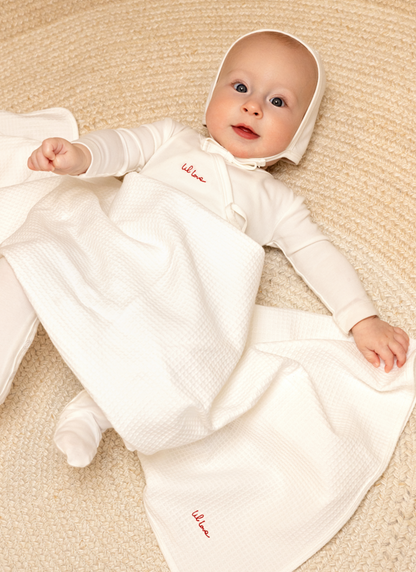 Noggi Lil Love Embroidered Wrap Footie+Hat- Ivory/Red