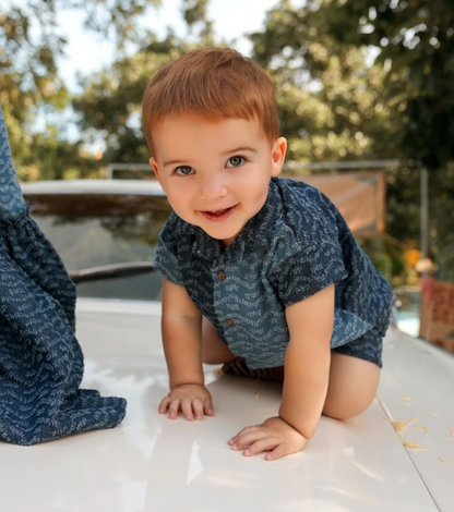 Bondoux Textured Two Tone Denim Short Sleeve Shirt