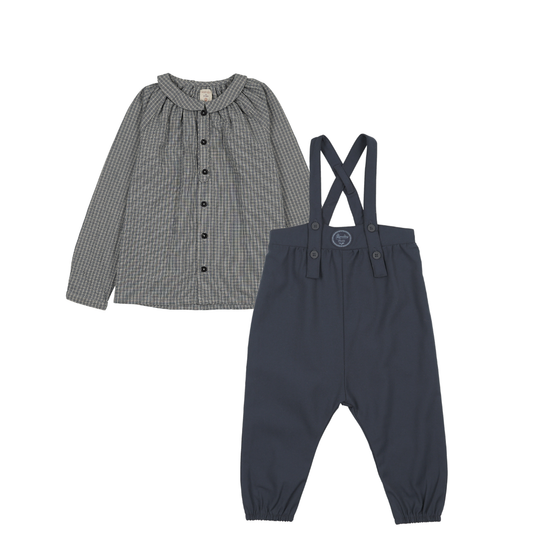 Lil Legs Plaid Edition Toddler Boys Shirt and Long Romper- Blue/Navy