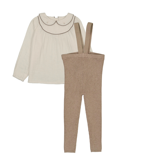 Lil Legs Girls Embroidered Shirt and Knit Suspender Leggings-Cream/Misty Oat