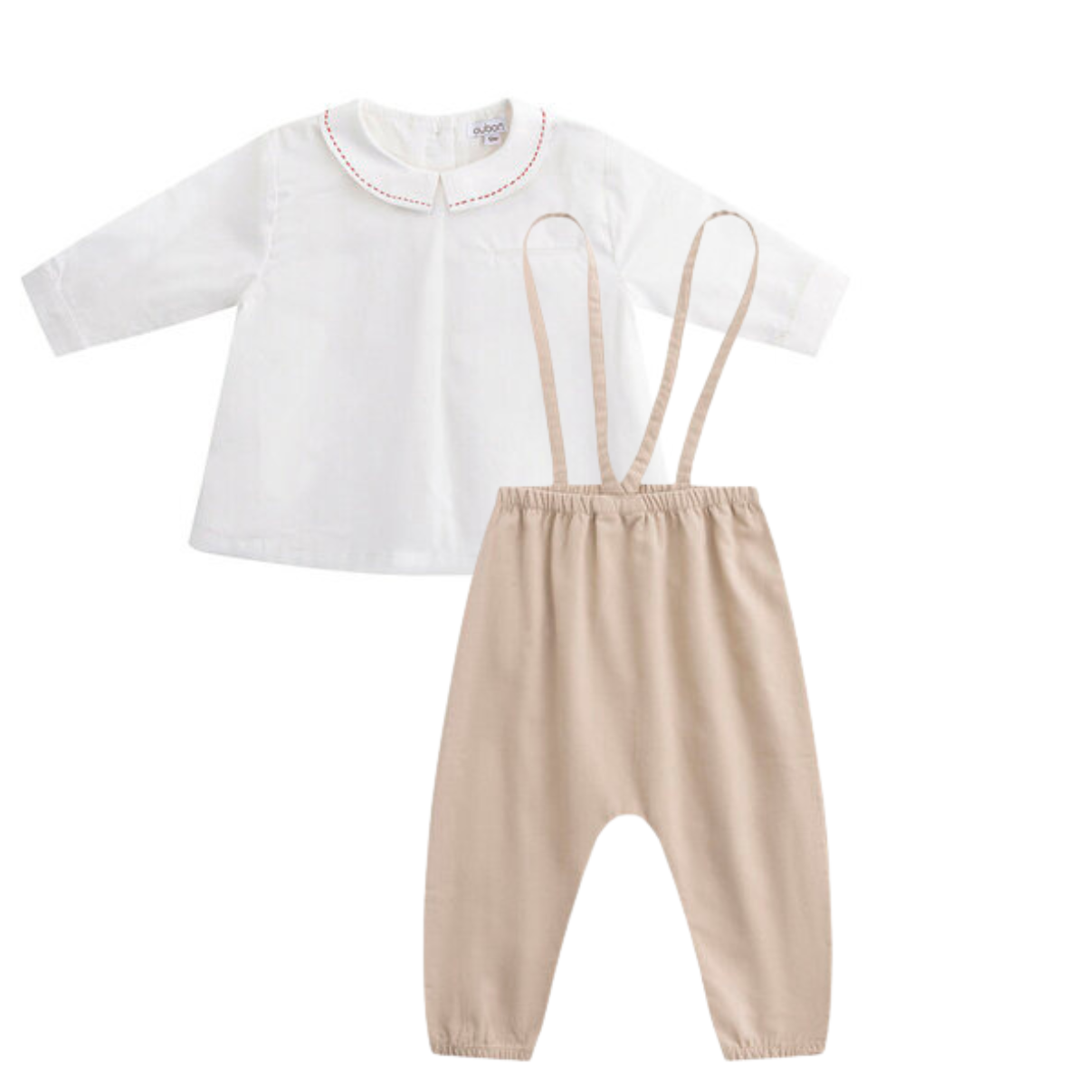 Oubon Corduroy Overalls and Shirt with Stitching- Oat/Ivory