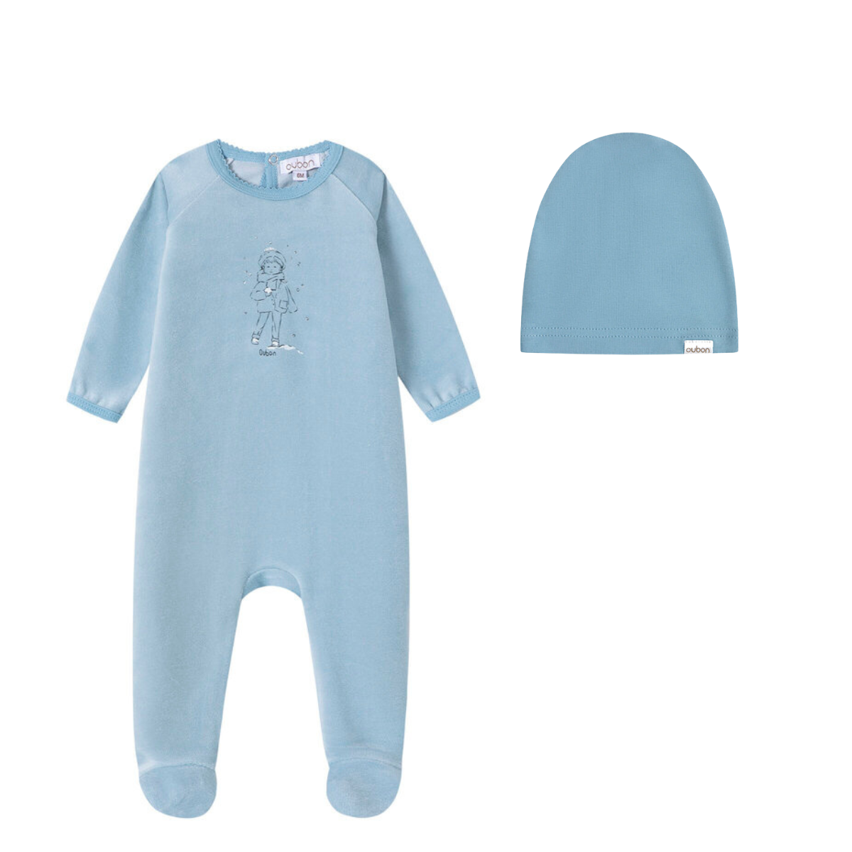 Oubon  Boy In Snow Print Velour Footie Set- Blue