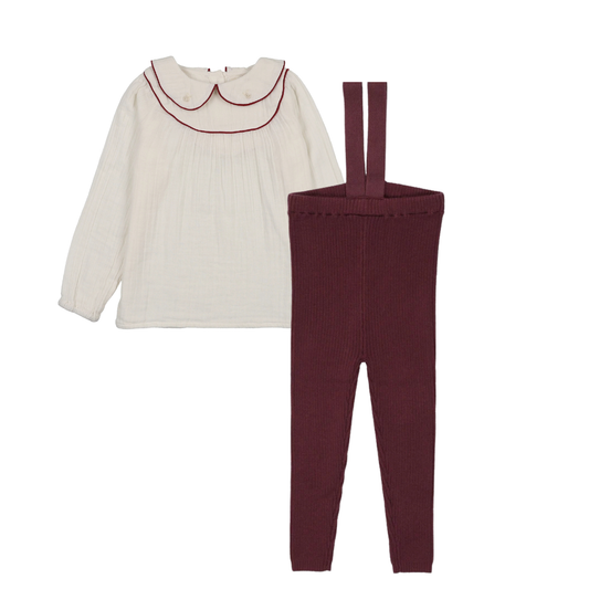 Lil Legs Girls Embroidered Shirt and Knit Suspender Leggings-Cream/Deep Red