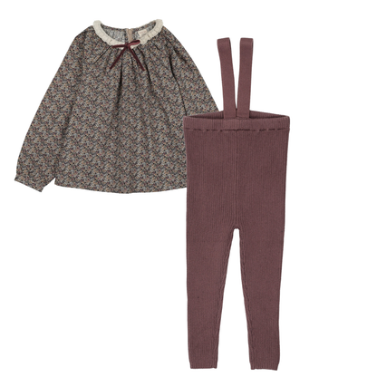Lil Legs Home Garden Lace Trim Collared Blouse Oxford Tan Print and Knit Suspender Leggings- Vintage Purple