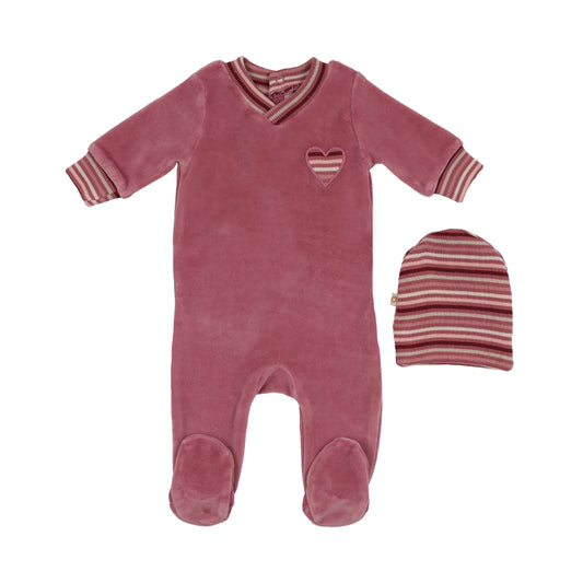 Mon Tresor Striped Heart Footie & Hat Set - Blush