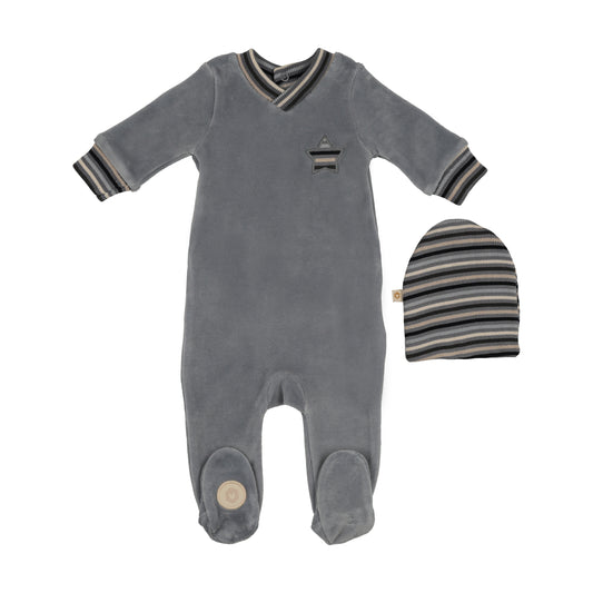 Mon Tresor Striped Star Footie & Hat Set- Ocean Blue