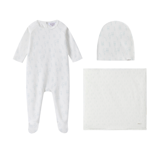 Oubon All Over Bunny Print White Ground Layette Set-Blue