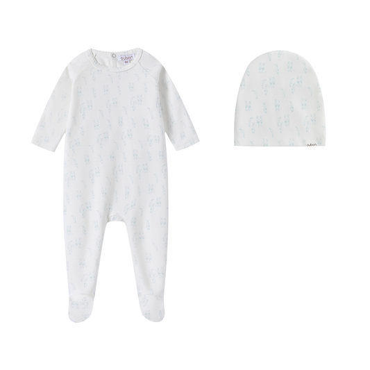 Oubon All Over Bunny Print White Ground Footie And Hat-Blue