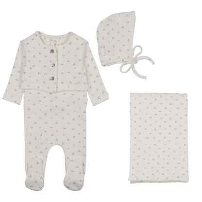 Bee & Dee Floral Print Cardigan Layette Set- Chalk White Girls