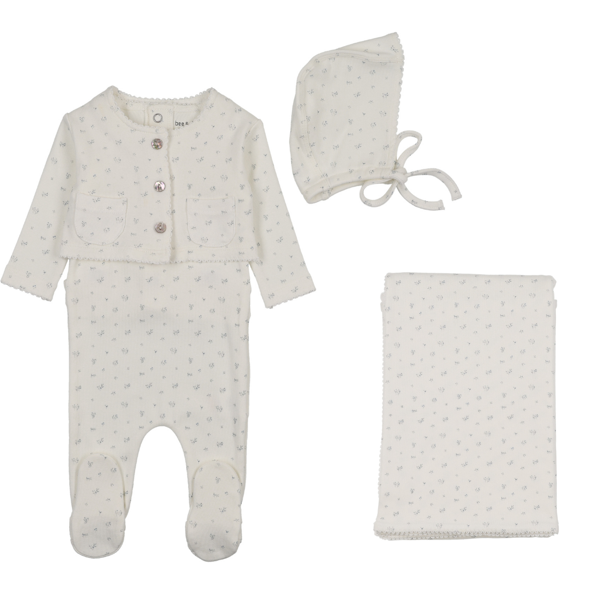 Bee & Dee Floral Print Cardigan Layette Set- Chalk White Boys