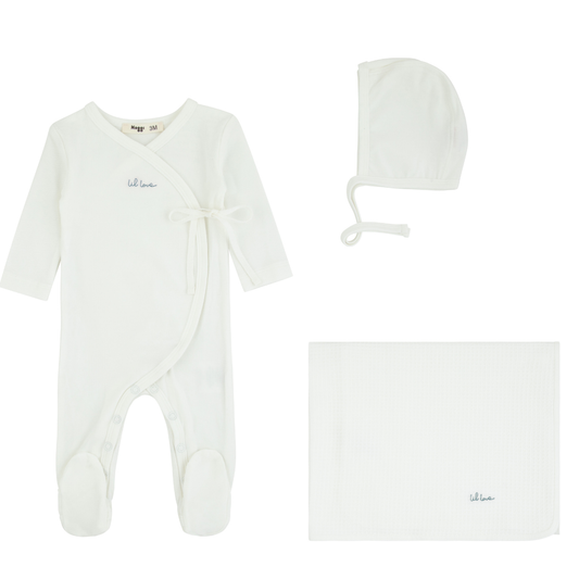 Noggi Lil Love Embroidered Wrap Layette Set- Ivory/Blue