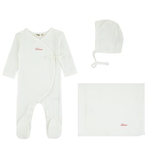 Noggi Lil Love Embroidered Wrap Layette Set- Ivory/Red