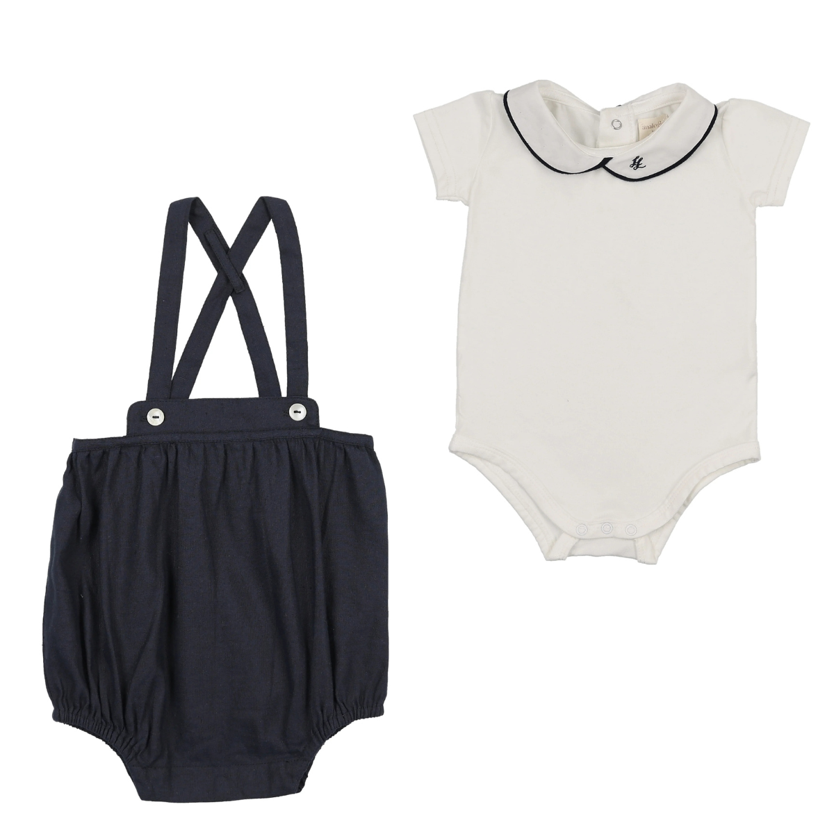 Lil Legs Peter Pan Onesie with Linen Bloomer- White/Navy