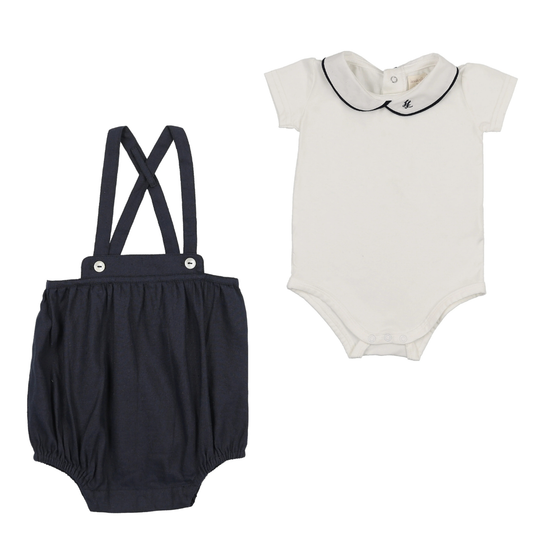 Lil Legs Peter Pan Onesie with Linen Bloomer- White/Navy
