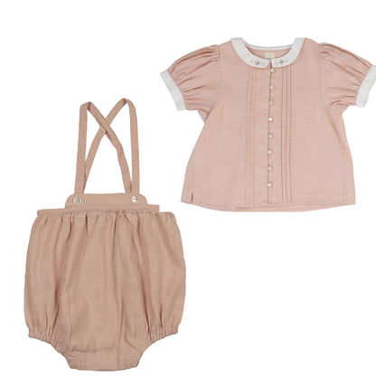 Lil Legs Pintuck Collar Blouse with Linen Suspender Bloomers- Bud Pink