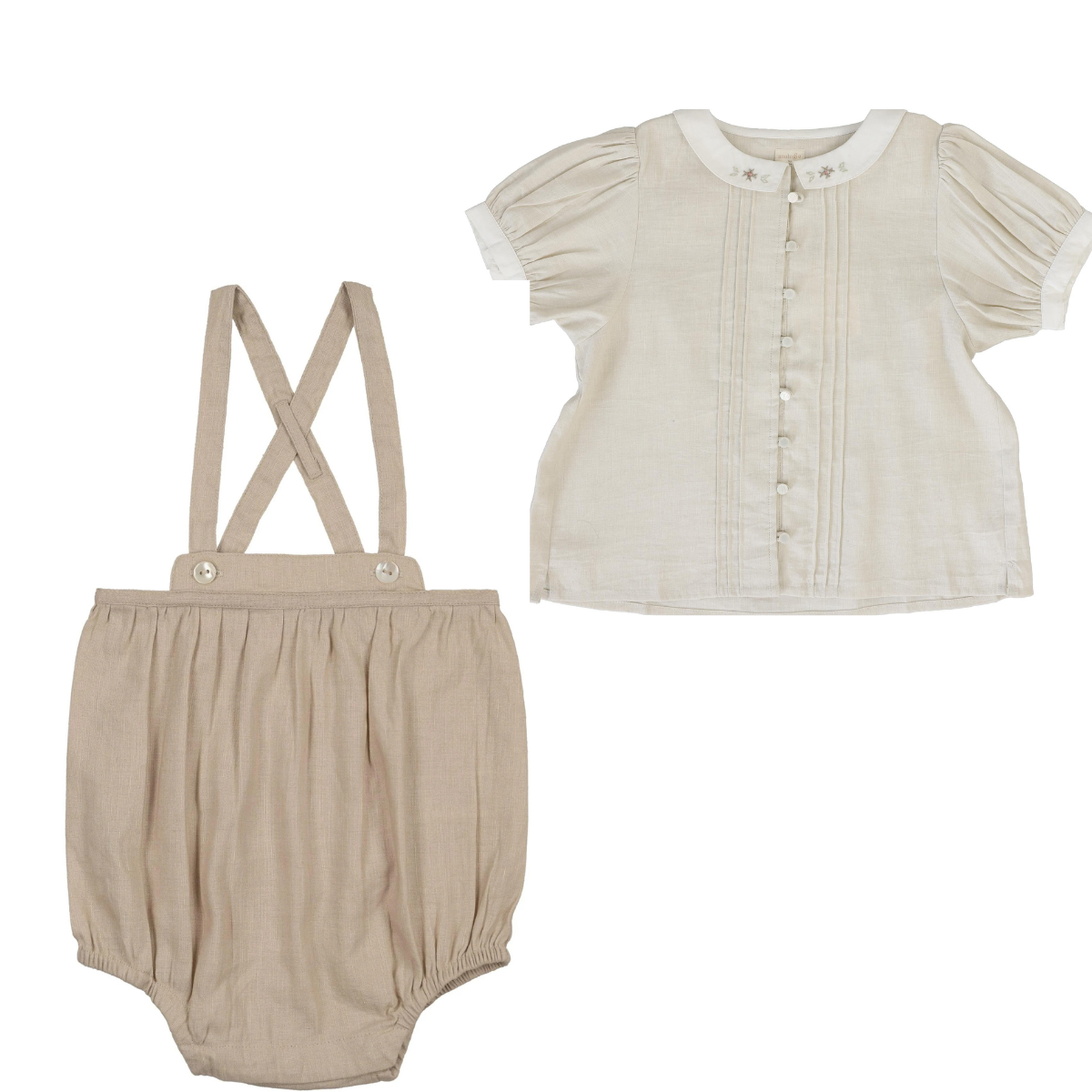 Lil Legs Pintuck Collar Blouse with Linen Suspender Bloomers- Wheat