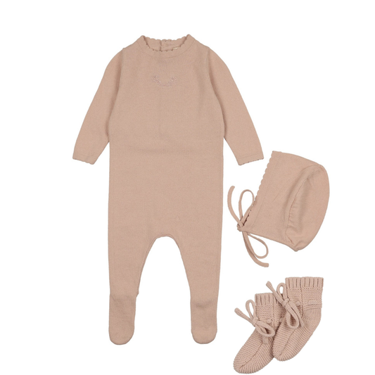 Peluche Signature Knit Footie + Bonnet + Booties - Rose