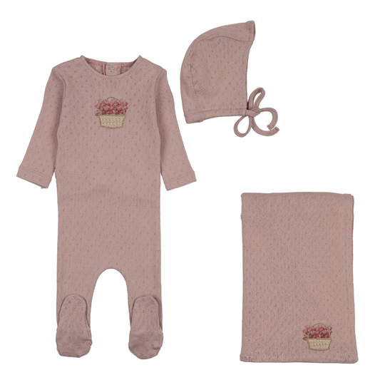 Bee & Dee Crochet Basket Layette Set- Rose Bud