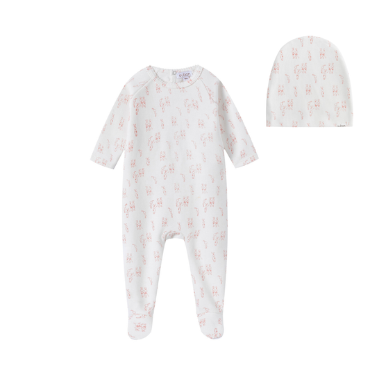 Oubon All Over Bunny Print White Ground Footie And Hat-Girl