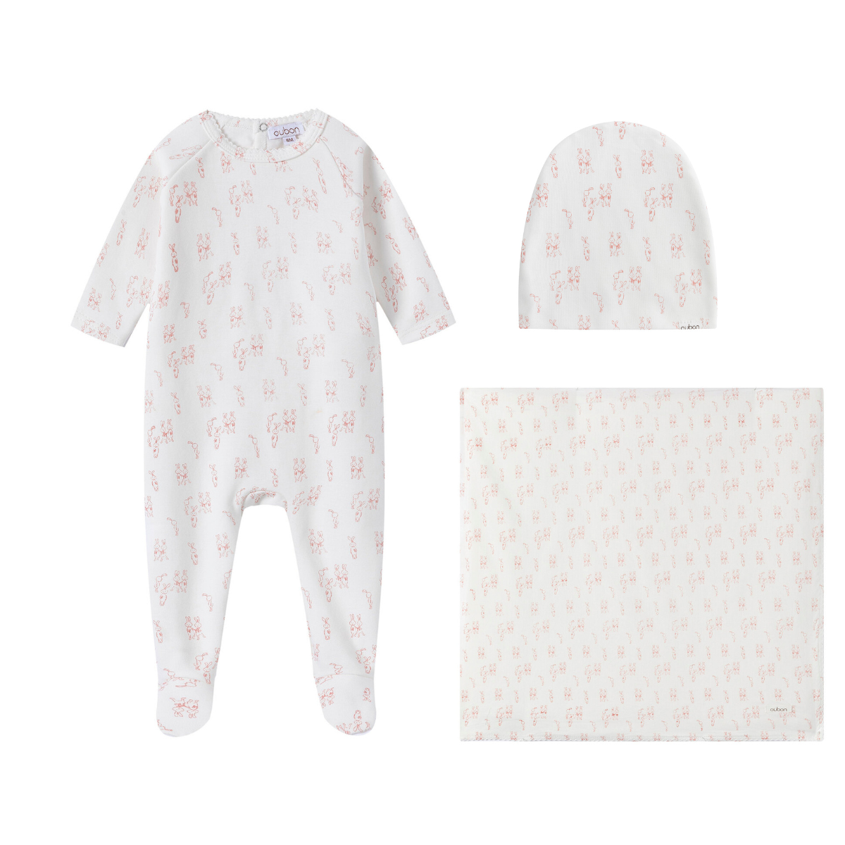 Oubon All Over Bunny Print White Ground Layette Set-Girl
