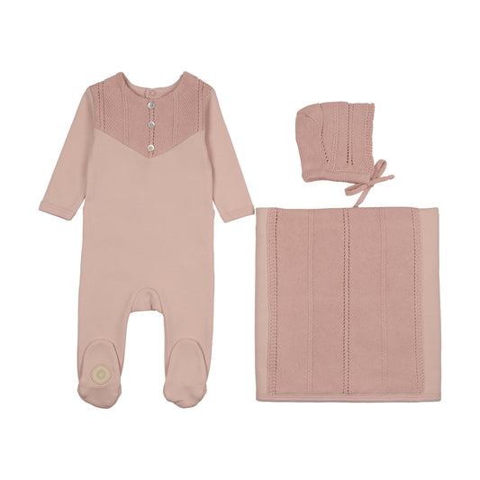 Mon Tresor V-Knit Henley Layette Set- Barely Pink
