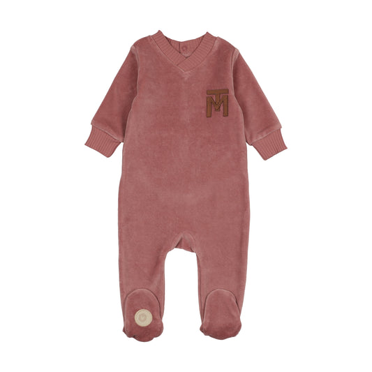 Mon Tresor V-Neck Emblem Footie- Dark Rose